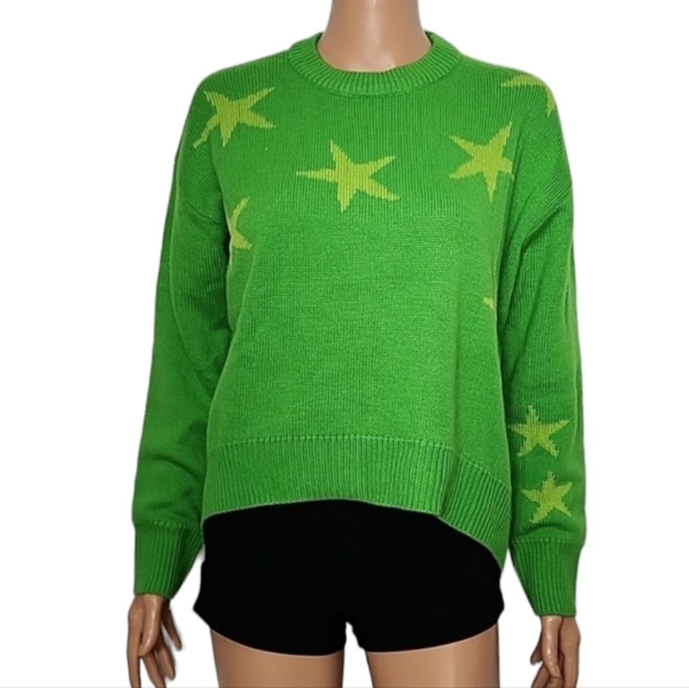 Day+moon Womens Green Stars Print Long Sleeve Crew Neck Sweater Size S Small